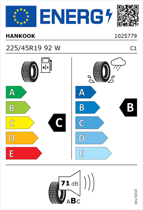 Tyre Label for Hankook Ventus S1 Evo 3 Runflat (K127B) 225/45R19 92W