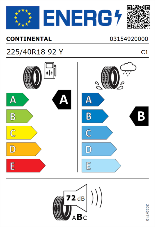 Tyre Label for Continental EcoContact 6 225/40R18 92Y