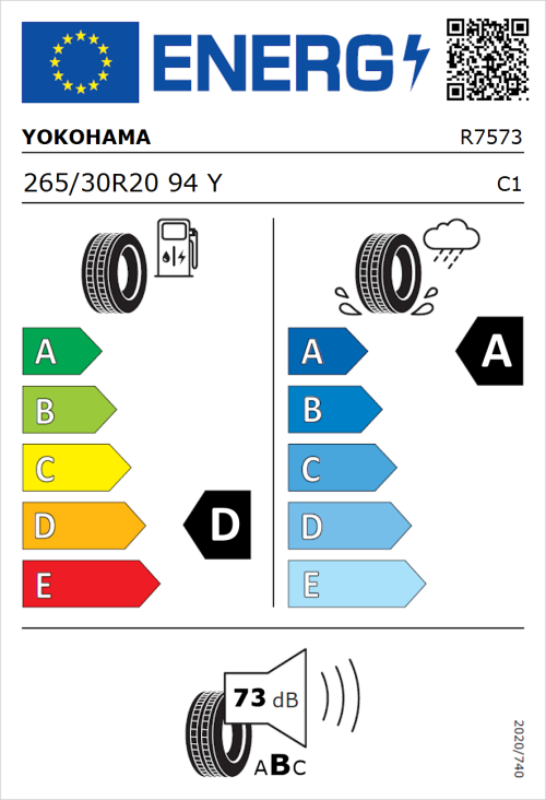 Tyre Label for Yokohama Advan Sport V107 265/30R20 94Y
