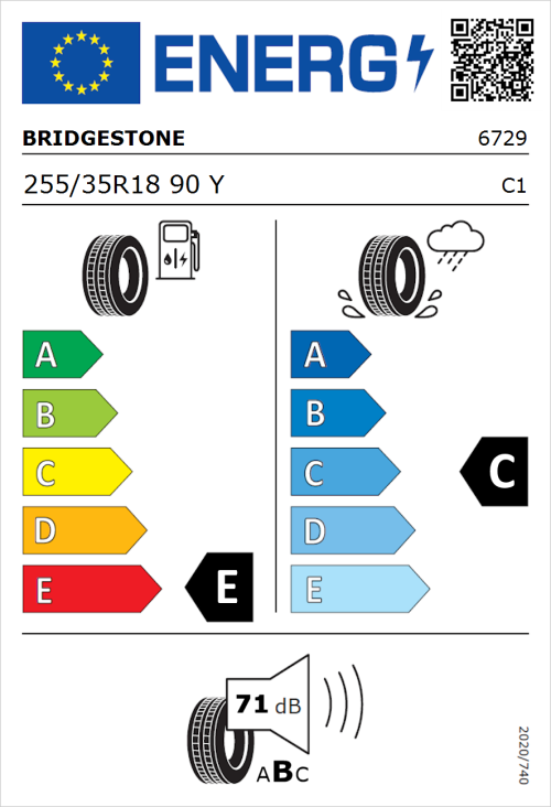 Tyre Label for Bridgestone Turanza ER33 255/35R18 90Y