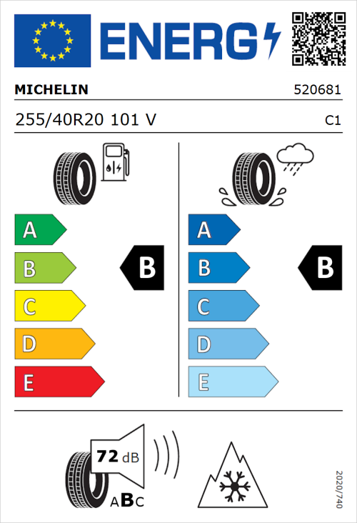 Tyre Label for Michelin Pilot Sport AS+ 255/40R20 101V