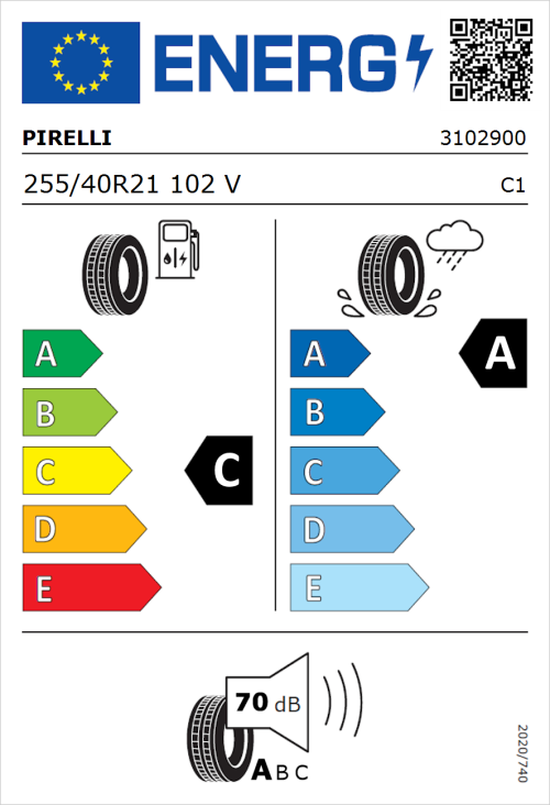 Tyre Label for Pirelli P Zero (PNCS) 255/40R21 102V
